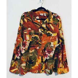 Chicos Top Womens XL Vibrant Boho Tropical Floral Utility Button Up Lightweight